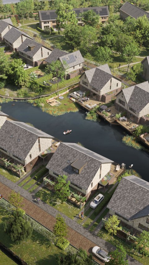 Park Vijfsluizen van boven af. Huizen met een water ertussen.