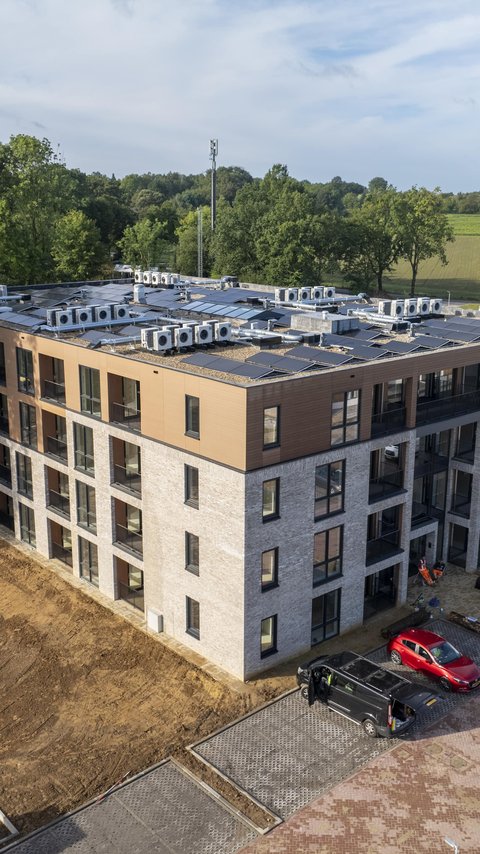 Dronefoto van het appartementencomplex de Gyselaar