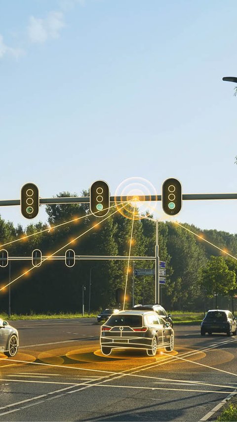 Stedelijk kruispunt met slimme verkeerslichten en geoptimaliseerde verkeersdoorstroming.