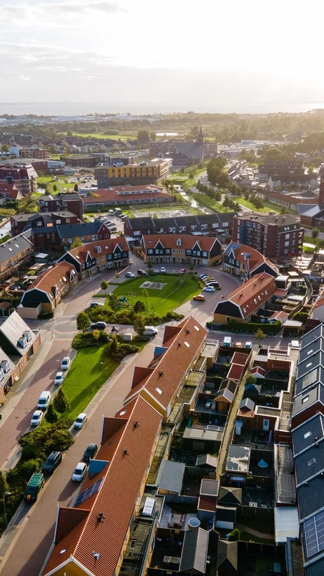 Luchtfoto van een woonwijk.