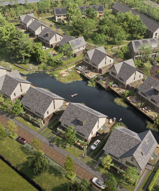 Park Vijfsluizen van boven af. Huizen met een water ertussen.