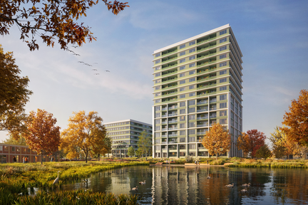 Woongebouwen vanaf de vijver